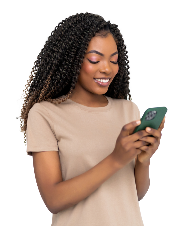 Woman looking at her phone with a smile.