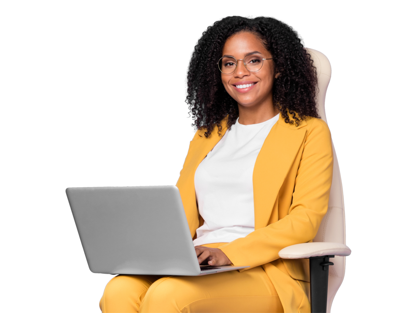 woman sitting in work chair with laptop on her lap smiling at camera