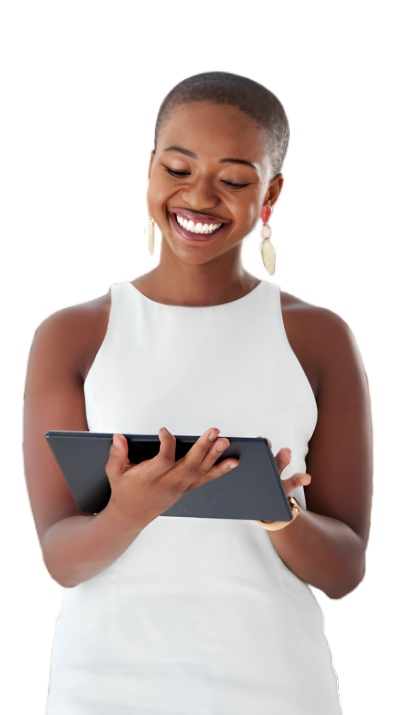 woman in white sleeveless dress smiling looking at her ipad