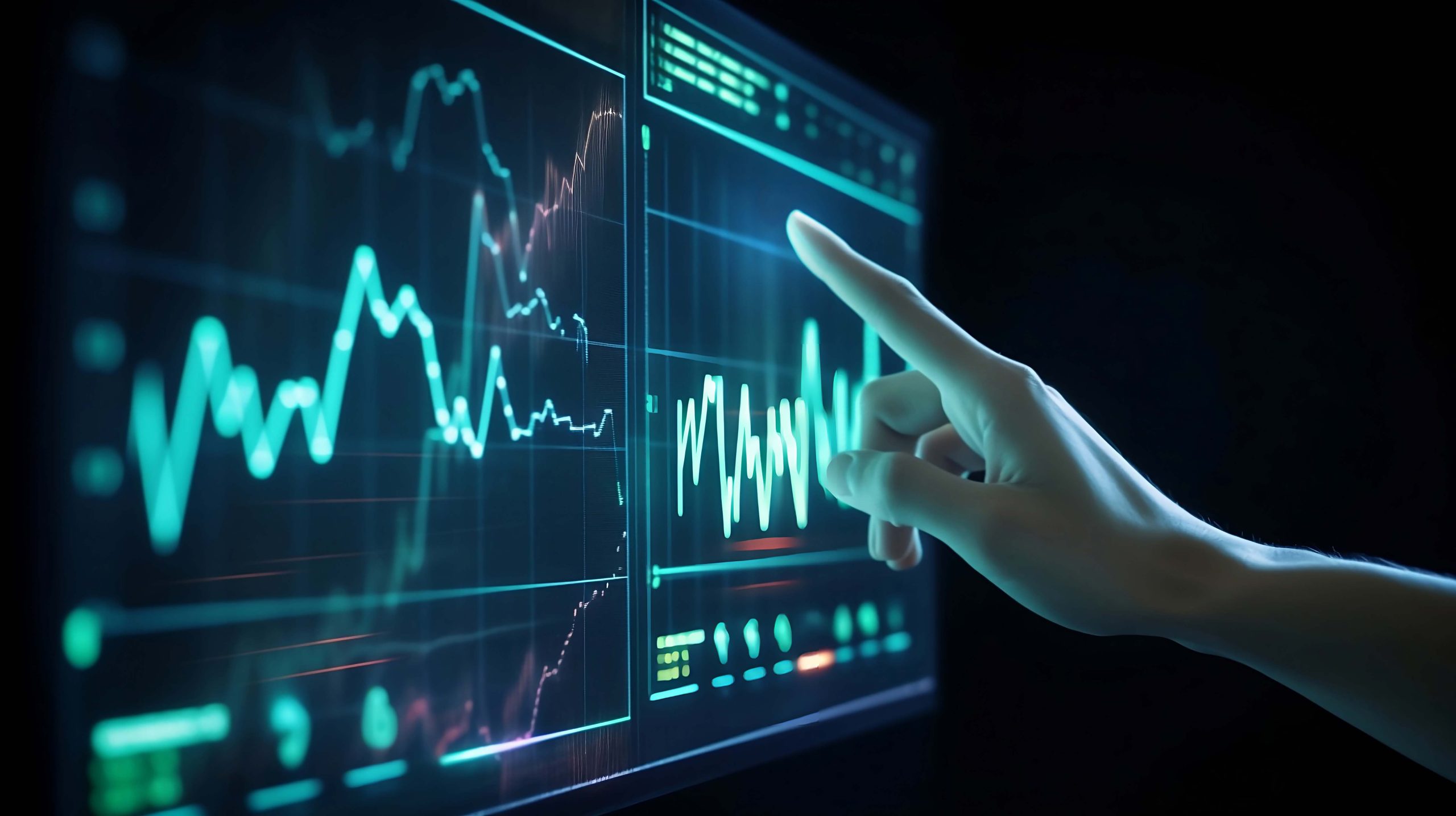 Businessman hand pointing at stock dashboard show on computer screen and profit neon lighting stock graph diagram on dark tone background and dark copy space business concept. Generative AI.